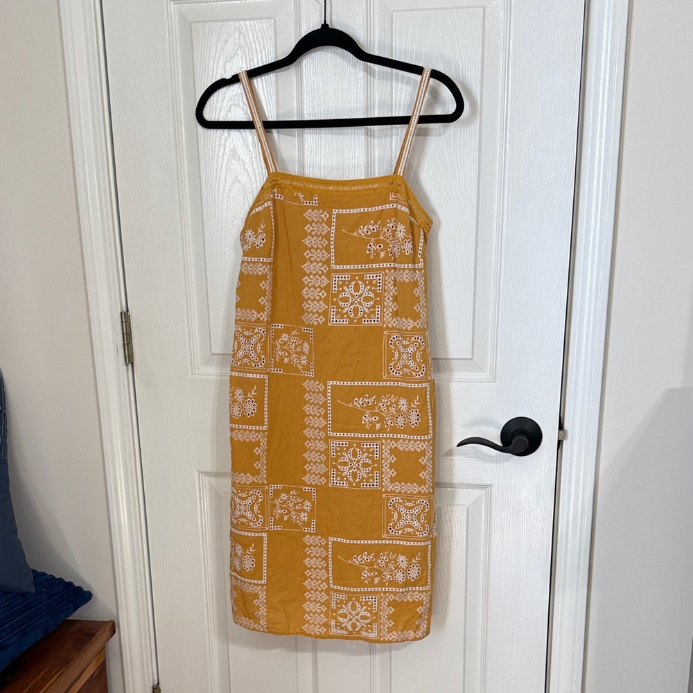 Anthropologie Mustard Yellow Printed Spaghetti-Strap Midi Dress